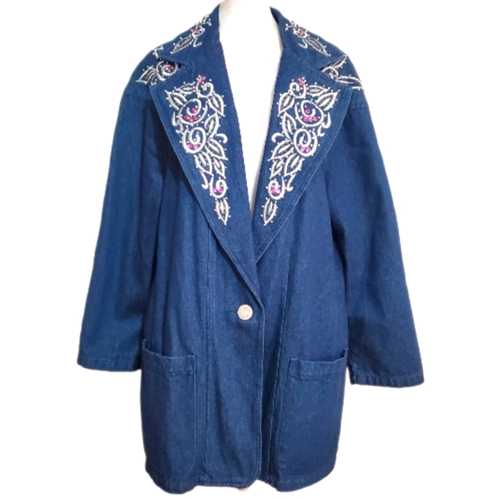 JenJen by Darien vtg 90s cotton silver embroidery beaded denim jean jacket M